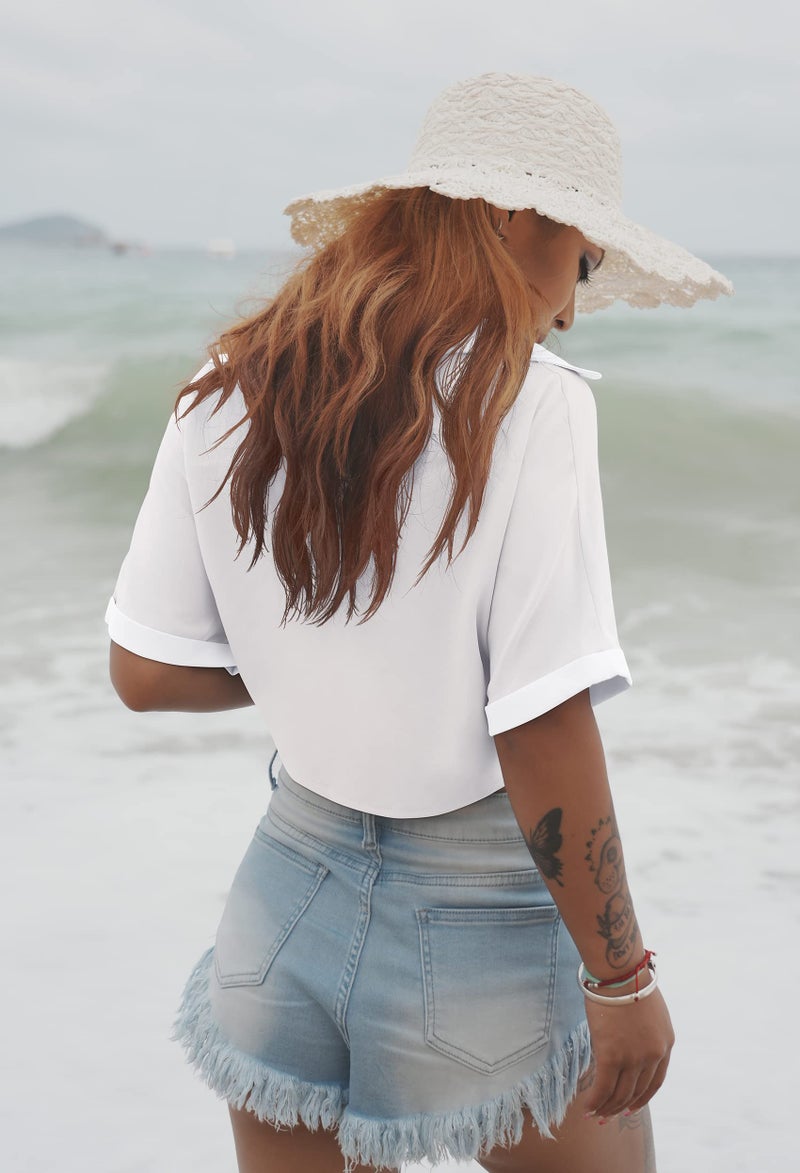 GOBLES Womens Summer Short Sleeve Shirts V Neck Tie Knot Batwing Blouses Tops White - Image 3